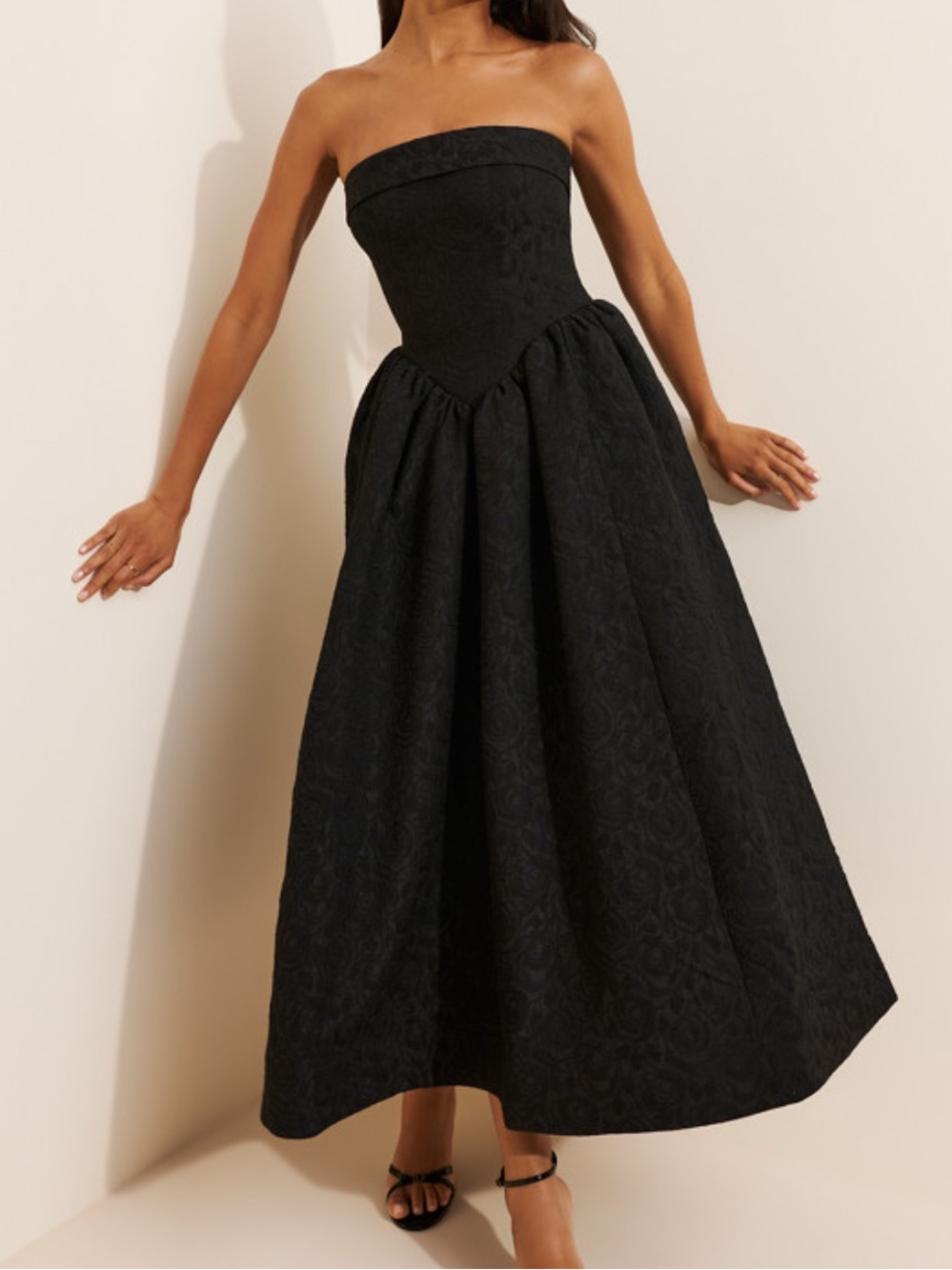 Strapless Black Textured A-Line Dress